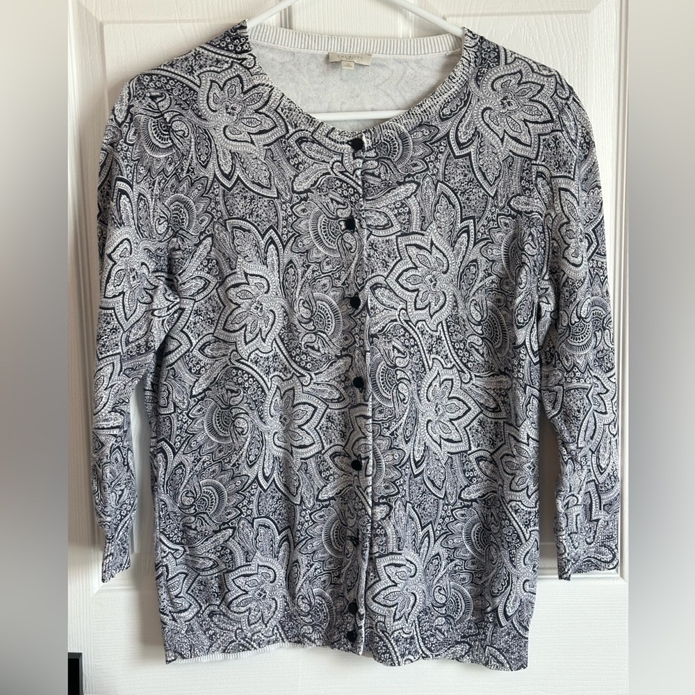Talbots Blue Floral Button Down Cardigan Sweater Size M  3/4 Sleeve 100% Cotton